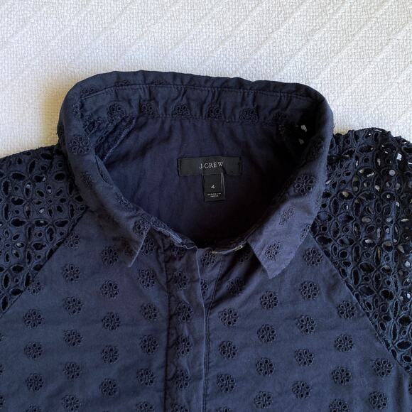 J. Crew Navy Eyelet Shirt Dress Short Sleeve Collar Button Placket Size 4 Preppy - Picture 6 of 9